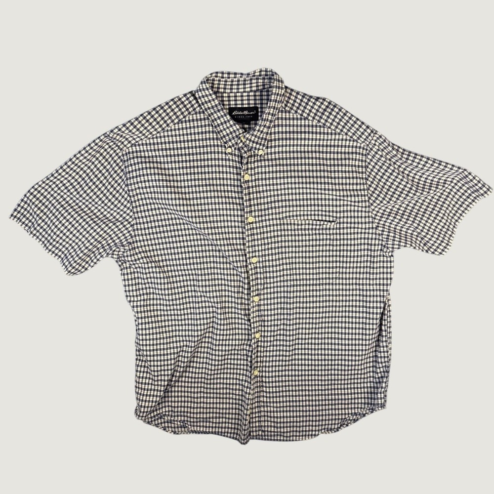 Eddie Bauer Mens XL Gingham Check Button Down Shirt Short Sleeve Navy Blue